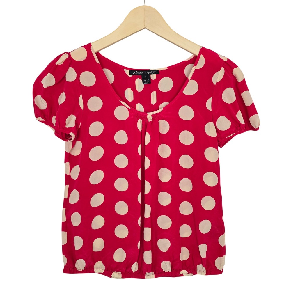 Sandra Angelozzi Women Silk Polka Dot Puffed Sleeve Blouse Red White S